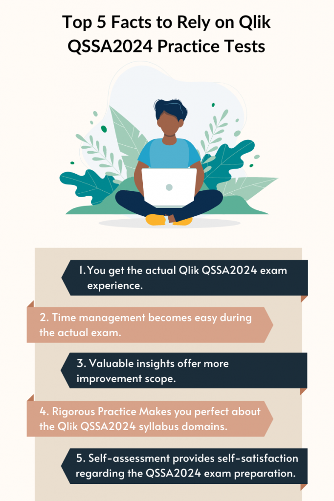 Illustration of a person with a laptop surrounded by plants. The title reads "Top 5 Facts to Rely on Qlik QSSA2024 Practice Tests." Below the image, five facts are listed:

You get the actual Qlik QSSA2024 exam experience.
Time management becomes easy during the actual exam.
Valuable insights offer more improvement scope.
Rigorous practice makes you perfect about the Qlik QSSA2024 syllabus domains.
Self-assessment provides self-satisfaction regarding the QSSA2024 exam preparation.