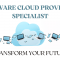 Illustration of cloud computing with floating laptops and devices, titled 'VMware Cloud Provider Specialist' with the subtitle 'Transform Your Future'.