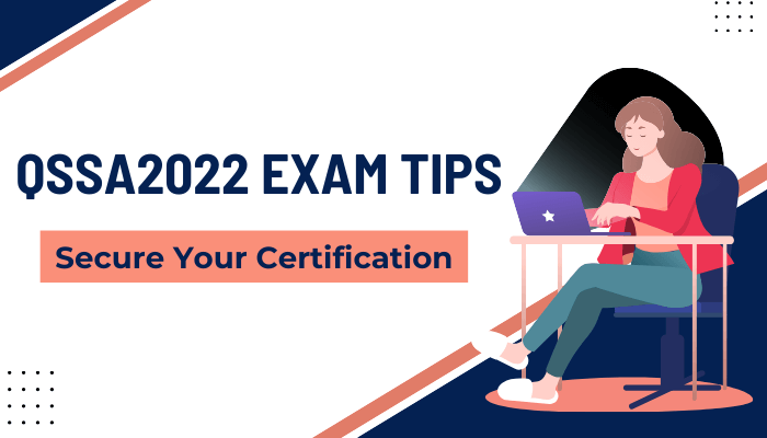 QSSA2022 exam tips with woman studying on laptop.