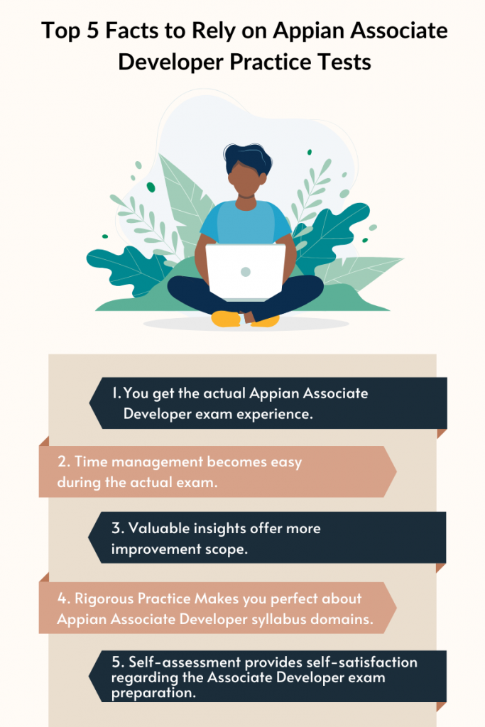 Illustration of a person with a laptop surrounded by plants. The title reads "Top 5 Facts to Rely on Appian Associate Developer Practice Tests." Below the image, five facts are listed:

You get the actual Appian Associate Developer exam experience.
Time management becomes easy during the actual exam.
Valuable insights offer more improvement scope.
Rigorous practice makes you perfect about the Appian Associate Developer syllabus domains.
Self-assessment provides self-satisfaction regarding the Associate Developer exam preparation.