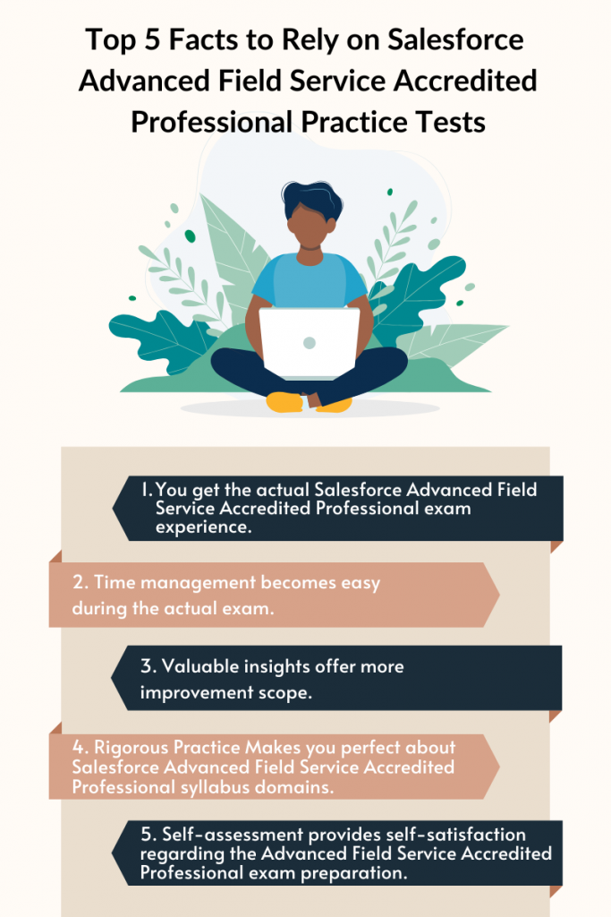 Illustration of a person with a laptop surrounded by plants. The title reads "Top 5 Facts to Rely on Salesforce Advanced Field Service Accredited Professional Practice Tests." Below the image, five facts are listed:

You get the actual Salesforce Advanced Field Service Accredited Professional exam experience.
Time management becomes easy during the actual exam.
Valuable insights offer more improvement scope.
Rigorous practice makes you perfect about the Salesforce Advanced Field Service Accredited Professional syllabus domains.
Self-assessment provides self-satisfaction regarding the Advanced Field Service Accredited Professional exam preparation.