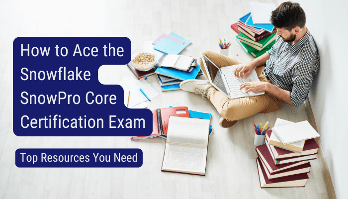 Person studying for the Snowflake SnowPro Core Certification exam surrounded by books and study materials.