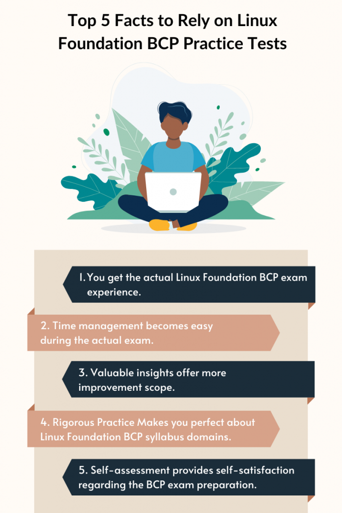 Illustration of a person with a laptop surrounded by plants. The title reads "Top 5 Facts to Rely on Linux Foundation BCP Practice Tests." Below the image, five facts are listed:

You get the actual Linux Foundation BCP exam experience.
Time management becomes easy during the actual exam.
Valuable insights offer more improvement scope.
Rigorous practice makes you perfect about the Linux Foundation BCP syllabus domains.
Self-assessment provides self-satisfaction regarding the BCP exam preparation.